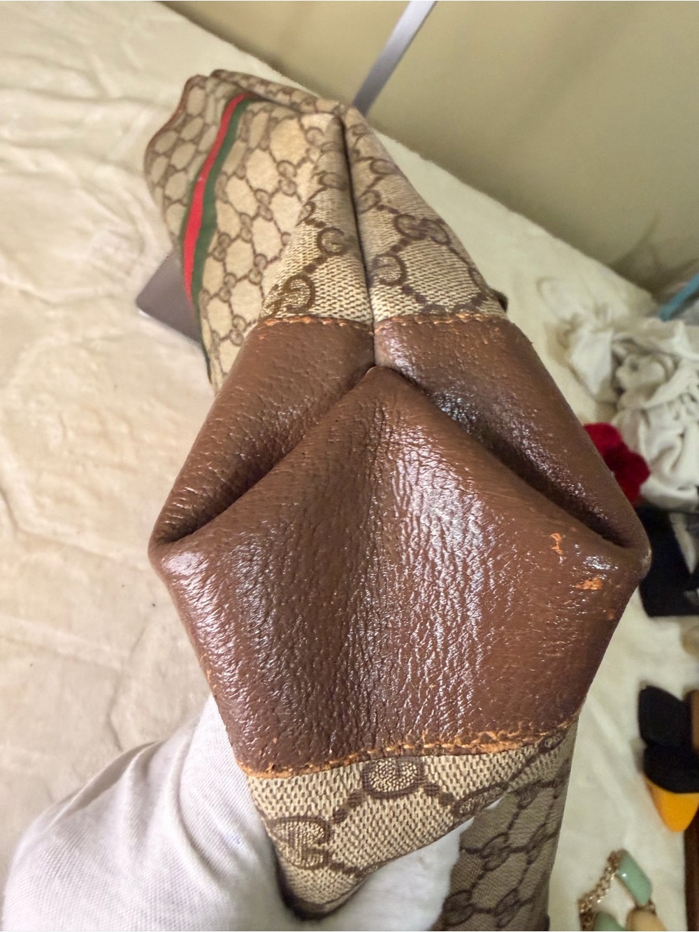 Gucci Brown GG Supreme Canvas Tote with Green-Red Stripe and Gold Hardware - Picture 9 of 16